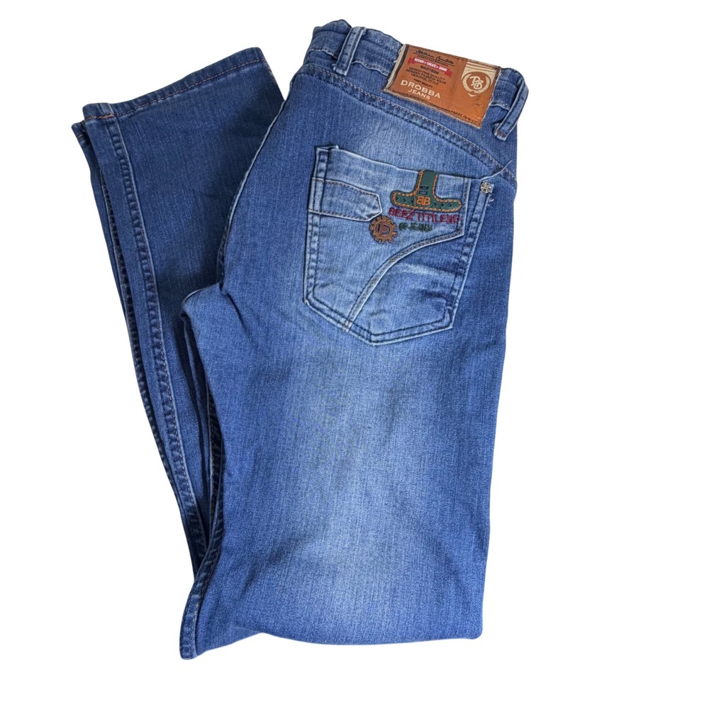 Drobba Jeans VYG‎ Italian Couture Mens Blue Straight Leg Embroidered Denim Jeans